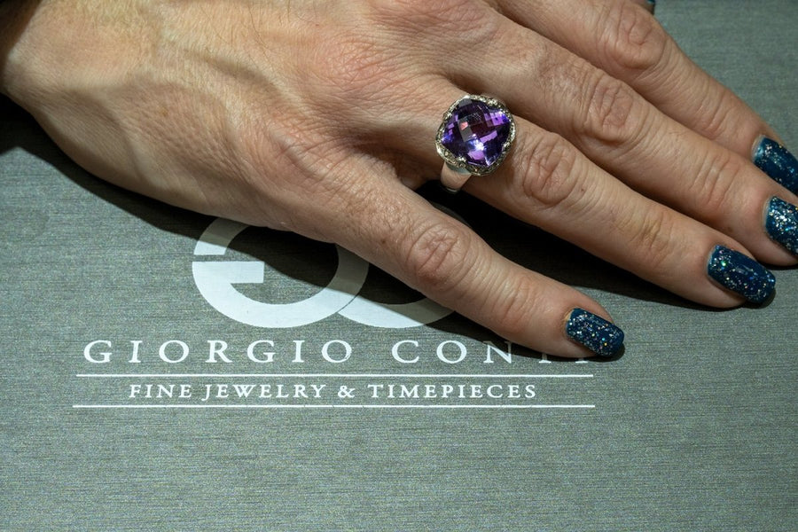 14KT White Gold 4.12CTW Faceted Top Cushion Cut Natural Amethyst and Diamond Ring - Giorgio Conti Jewelers