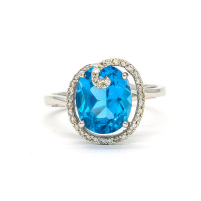 14KT White Gold 4.23CTW Faceted Top Oval Cut Natural Blue Topaz and Diamond Ring - Giorgio Conti Jewelers