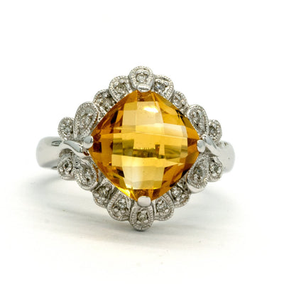 14KT White Gold 4.26CTW Faceted Top Cushion Cut Natural Citrine and Diamond Ring - Giorgio Conti Jewelers