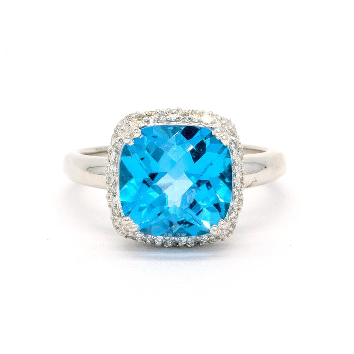 14KT White Gold 5.07CTW Faceted Top Cushion Cut Prong Set Natural Topaz and Diamond Halo Ring - Giorgio Conti Jewelers
