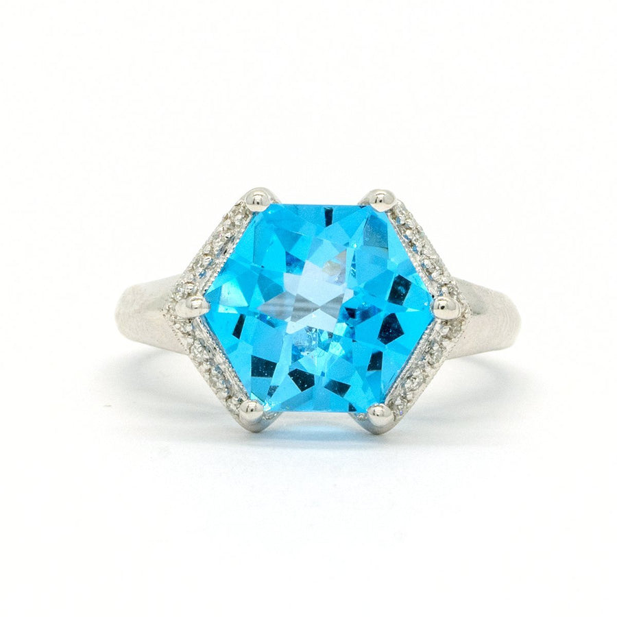 14KT White Gold 5.10CTW Hexagon Fastened Blue Topaz and Diamond Ring - Giorgio Conti Jewelers