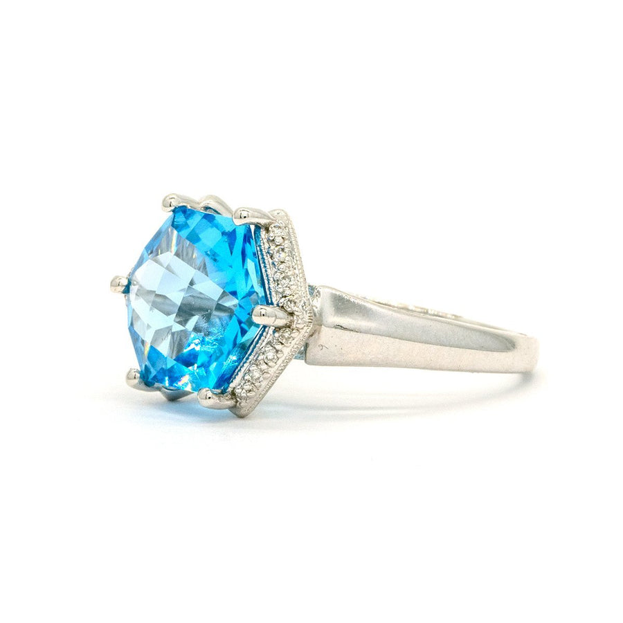 14KT White Gold 5.10CTW Hexagon Fastened Blue Topaz and Diamond Ring - Giorgio Conti Jewelers