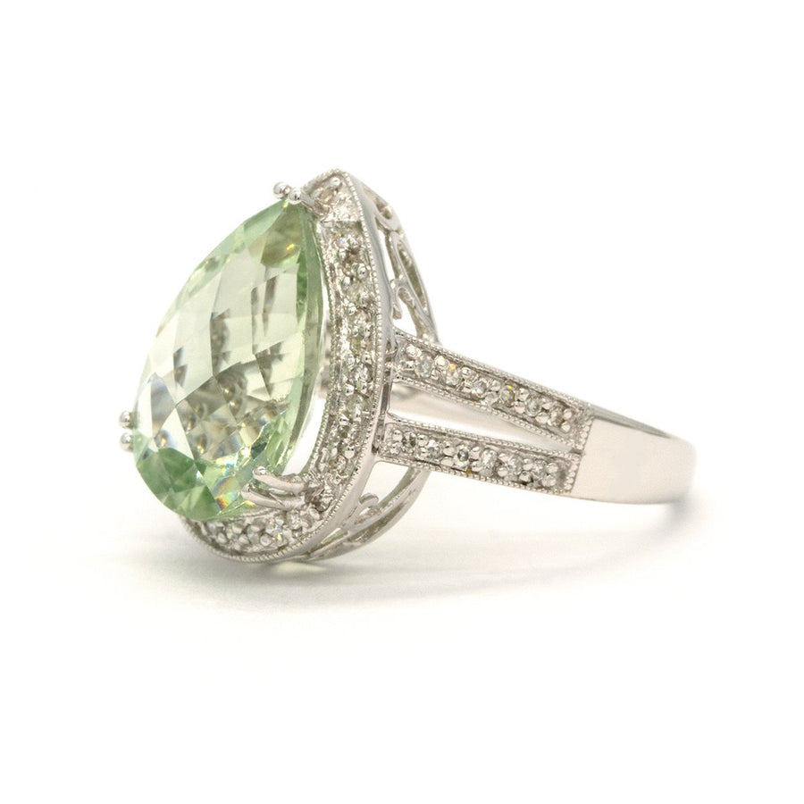 14KT White Gold 5.70CTW Pear Shape Natural Green Amethyst and Diamond Halo Ring - Giorgio Conti Jewelers