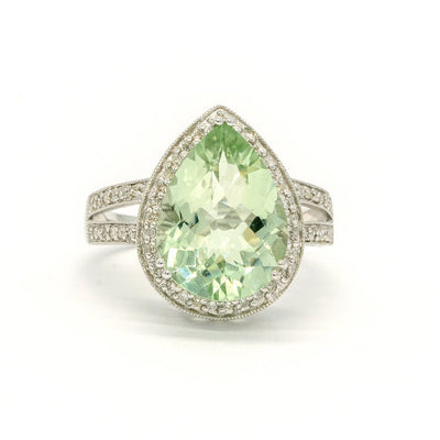 14KT White Gold 5.70CTW Pear Shape Natural Green Amethyst and Diamond Halo Ring - Giorgio Conti Jewelers