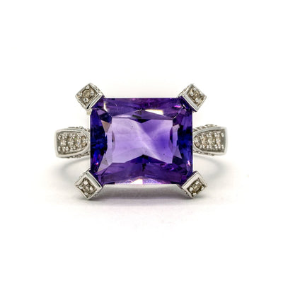 14KT White Gold 5.97CTW Emerald Cut Prong Set Natural Amethyst and Diamond Ring - Giorgio Conti Jewelers