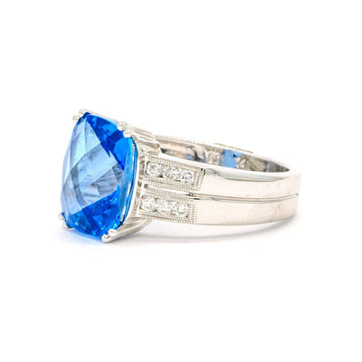 14KT White Gold 6.02CTW Cushion Cut Prong Set Blue Topaz and Diamond Ring - Giorgio Conti Jewelers