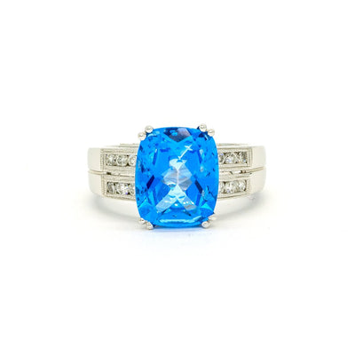 14KT White Gold 6.02CTW Cushion Cut Prong Set Blue Topaz and Diamond Ring - Giorgio Conti Jewelers