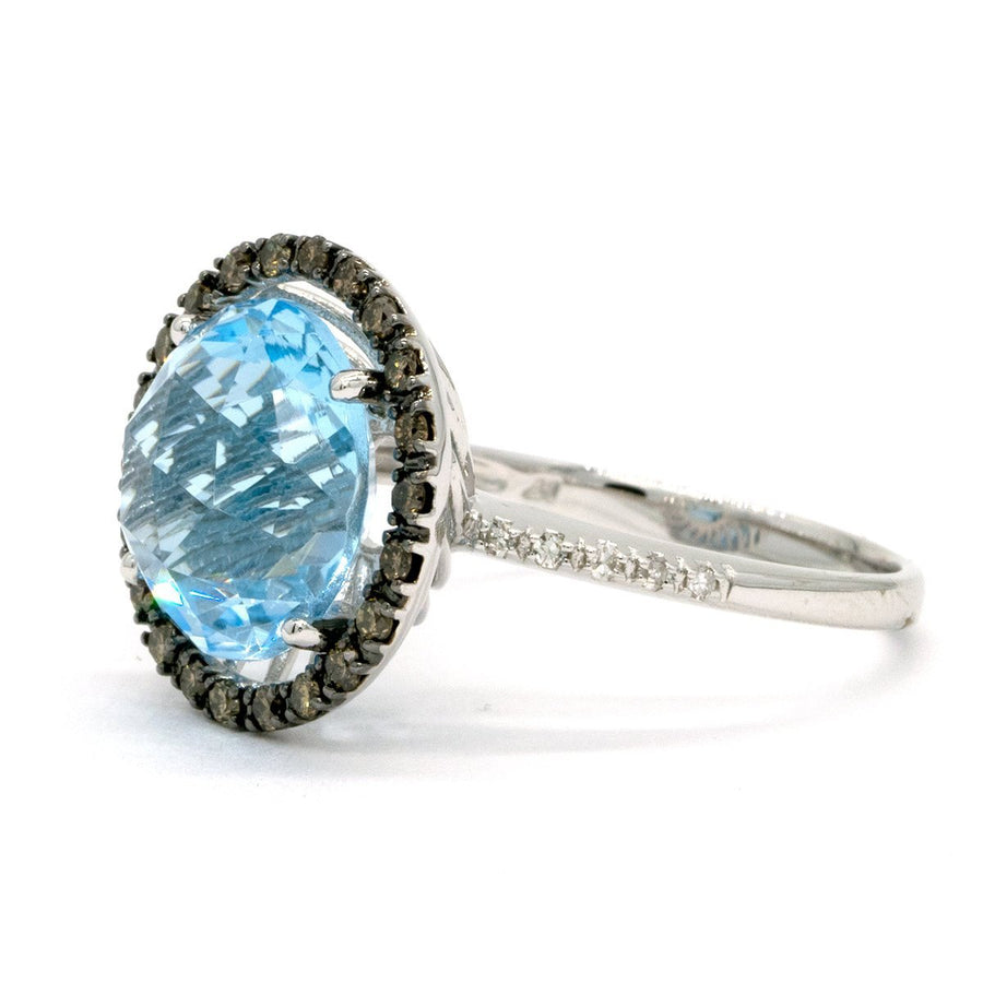 14KT White Gold 7.13CTW Faceted Top Round Brilliant Cut Natural Blue Topaz and Diamond Halo Ring - Giorgio Conti Jewelers
