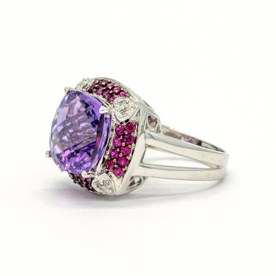 14KT White Gold 7.53CTW Cushion Cut Center Faceted Top Natural Amethyst Pink Sapphire and Diamond Halo Ring - Giorgio Conti Jewelers