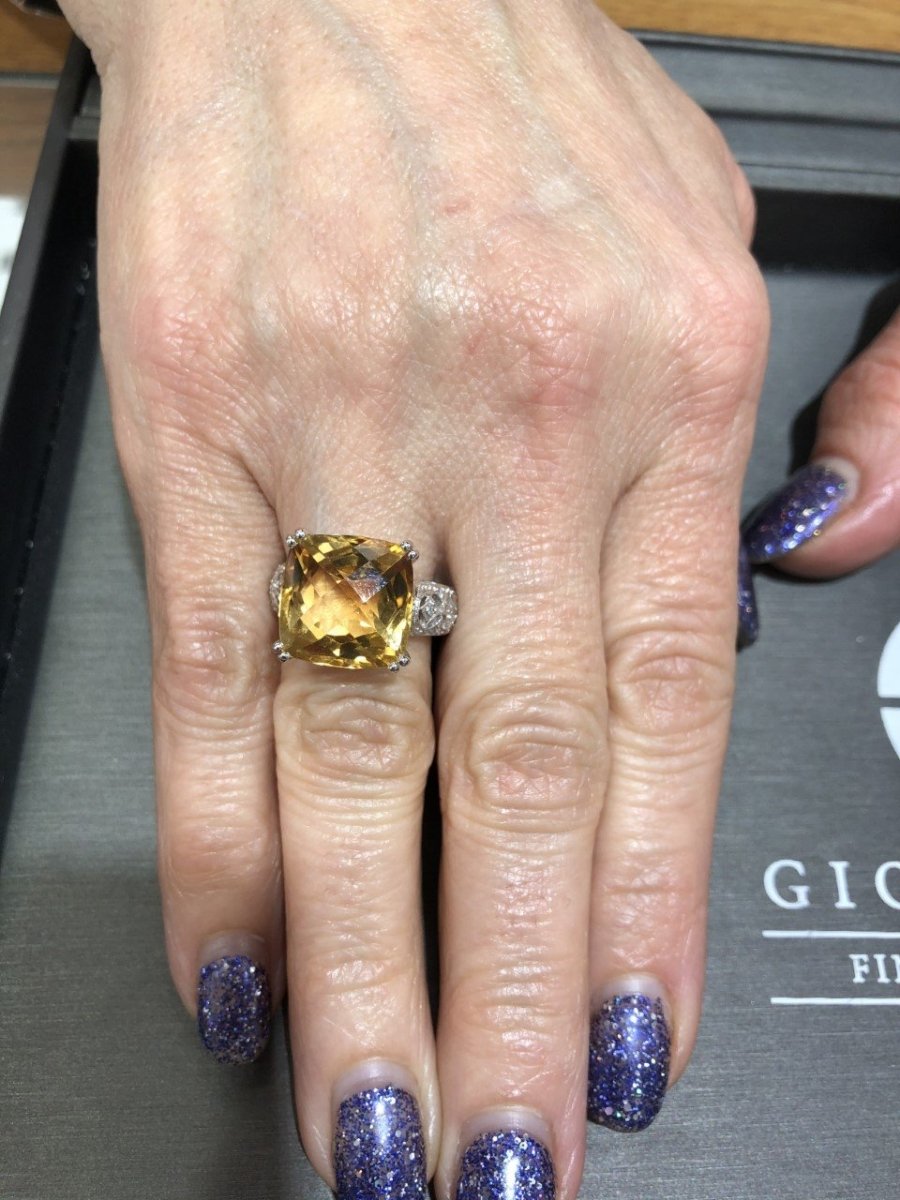 14KT White Gold 8.83CTW Cushion Cut Prong Set Citrine and Diamond Ring - Giorgio Conti Jewelers