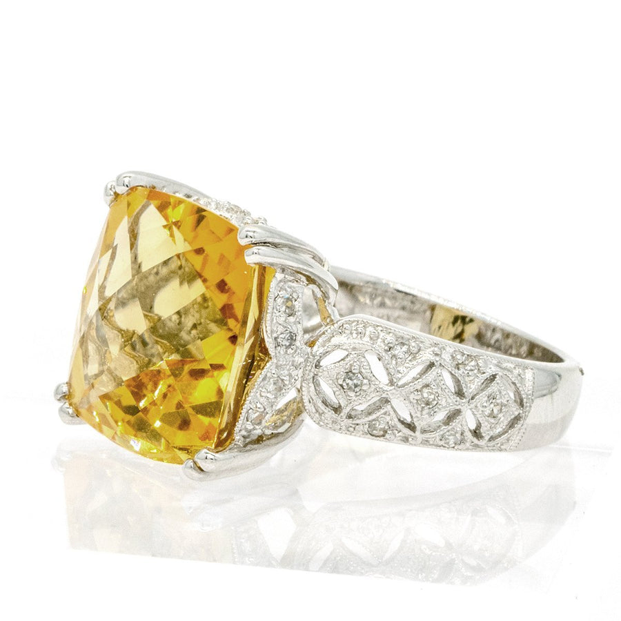 14KT White Gold 8.83CTW Cushion Cut Prong Set Citrine and Diamond Ring - Giorgio Conti Jewelers