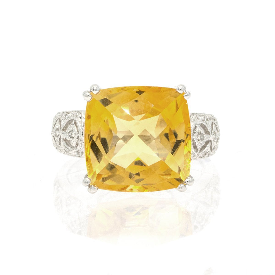 14KT White Gold 8.83CTW Cushion Cut Prong Set Citrine and Diamond Ring - Giorgio Conti Jewelers