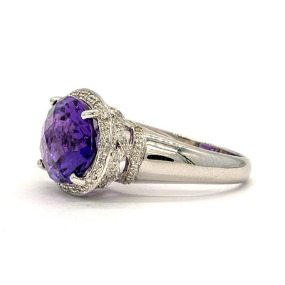 14KT White Gold 9.39CTW Faceted Top Oval Cut Prong Set Natural Amethyst and Diamond Halo Ring - Giorgio Conti Jewelers
