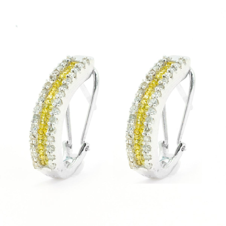 14Kt White Gold Invisible Set / Prong Set Princess Cut and Round White / Yellow Diamond Hoop Earrings With French Clip - Giorgio Conti Jewelers