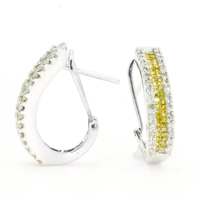 14Kt White Gold Invisible Set / Prong Set Princess Cut and Round White / Yellow Diamond Hoop Earrings With French Clip - Giorgio Conti Jewelers