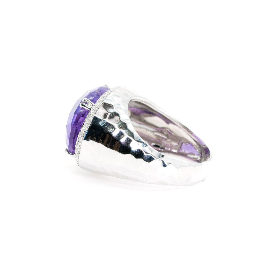 14kt White Gold Modern 12.89ctw Natural Amethyst and Diamond Hammered Statement Gemstone Ring - Giorgio Conti Jewelers