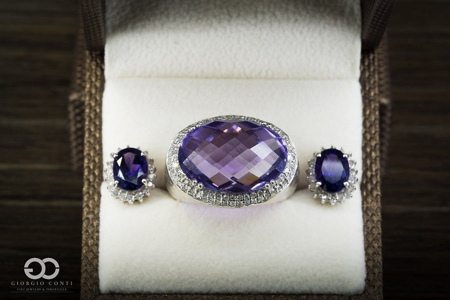 14kt White Gold Modern 12.89ctw Natural Amethyst and Diamond Hammered Statement Gemstone Ring - Giorgio Conti Jewelers