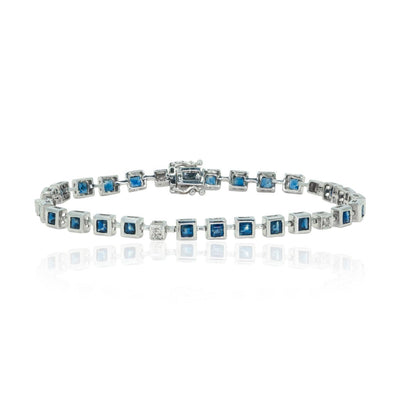 14kt White Gold Modern Princess Cut 3.87ctw Natural Sapphire and Diamond Tennis Bracelet - Giorgio Conti Jewelers