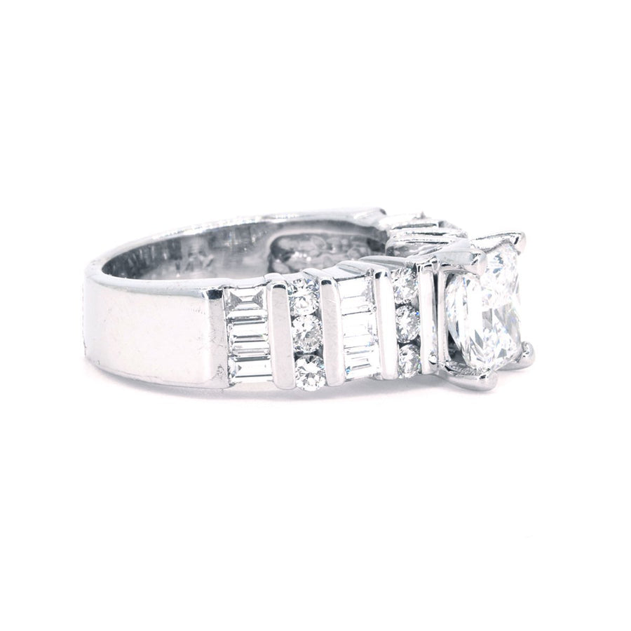 14kt White Gold NATURAL 2.42ctw Princess Cut Diamond Engagement Ring With Baguette + Round Diamonds - Giorgio Conti Jewelers