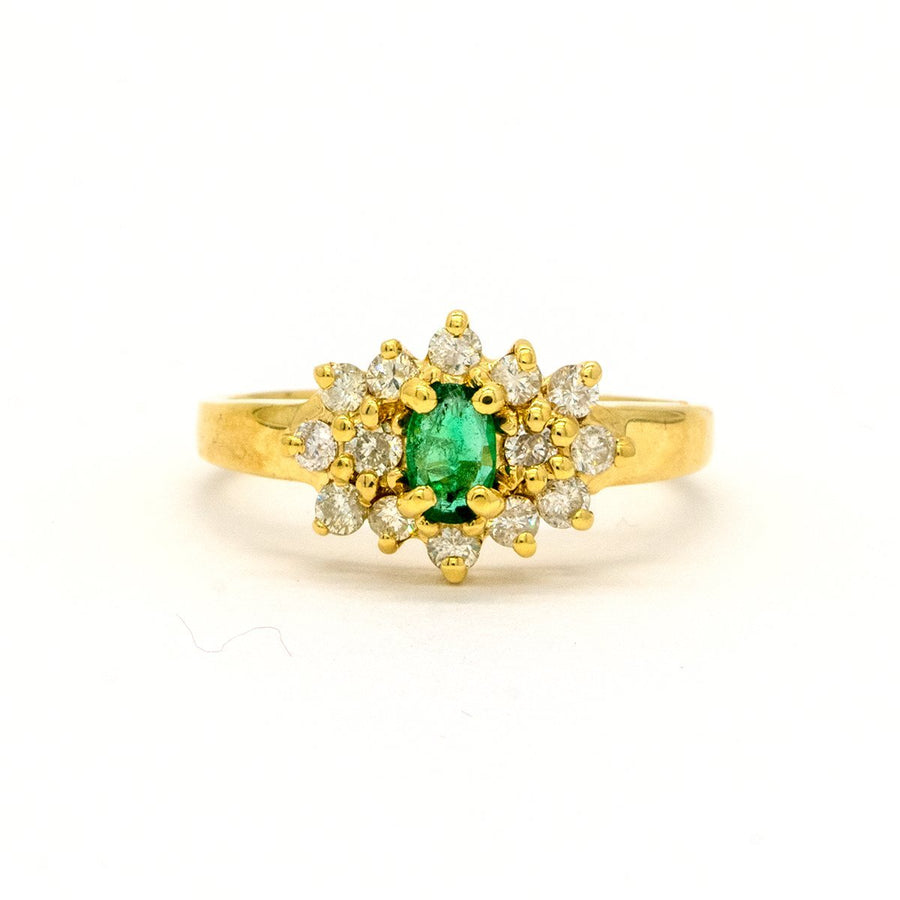 14KT Yellow Gold 0.85CTW Oval Cut Prong Set Natural Emerald and Diamond Halo Ring - Giorgio Conti Jewelers