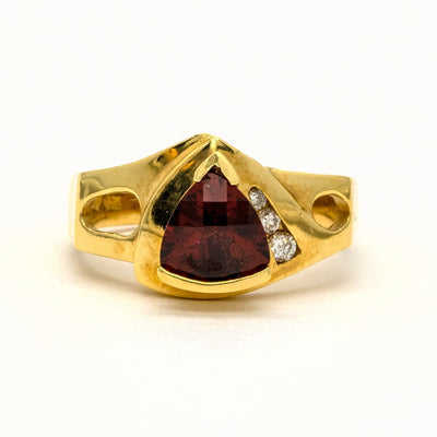 14KT Yellow Gold 1.07CTW Trillion Cut Channel Set Faceted Top Natural Red Garnet and Diamond Ring - Giorgio Conti Jewelers