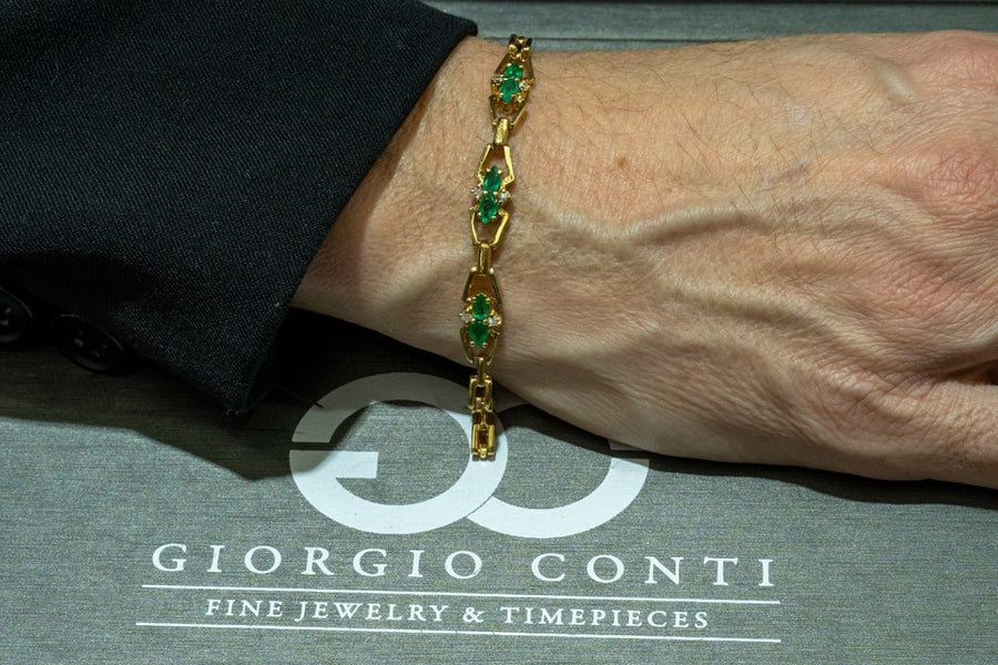 14KT Yellow Gold 1.10CTW Pear Shape Prong Set Natural Emerald and Diamond Bracelet - Giorgio Conti Jewelers