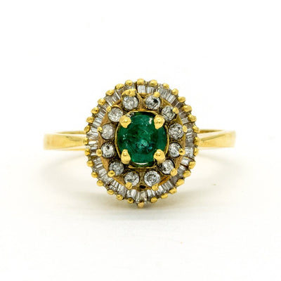 14KT Yellow Gold 1.12CTW Round Brilliant Cut Prong Set Natural Emerald and Diamond Double Halo Ring - Giorgio Conti Jewelers