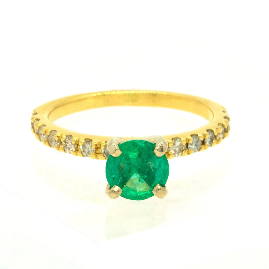 14KT Yellow Gold 1.12ctw Round Cut Prong Set Emerald And Round Cut Diamond Engagement Ring - Giorgio Conti Jewelers