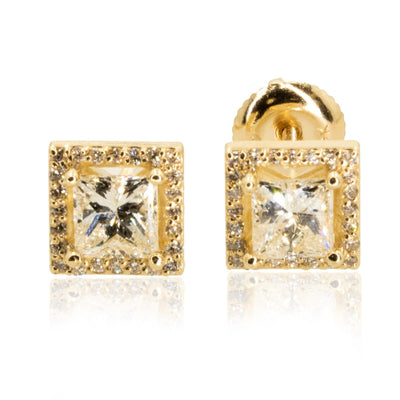 14KT Yellow Gold 1.25CTW Princess Halo Stud Earrings - Giorgio Conti Jewelers