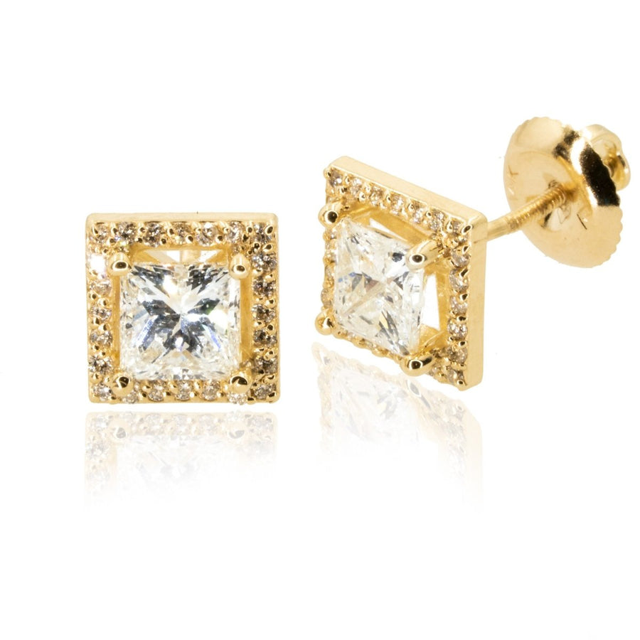14KT Yellow Gold 1.25CTW Princess Halo Stud Earrings - Giorgio Conti Jewelers