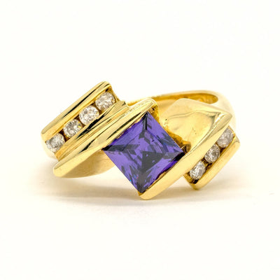 14KT Yellow Gold 1.30CTW Princess Cut Channel Set Natural Amethyst and Diamond Cocktail Ring - Giorgio Conti Jewelers