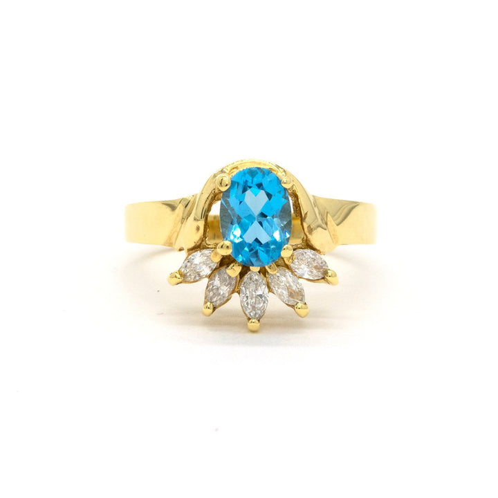 14KT Yellow Gold 1.34CTW Oval Cut Prong Set Blue Topaz and Marquise Diamond Ring - Giorgio Conti Jewelers