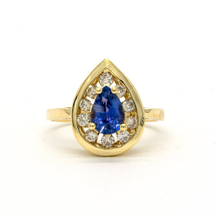 14KT Yellow Gold 1.35CTW Pear Shape Prong Set Natural Tanzanite and Diamond Halo Ring - Giorgio Conti Jewelers