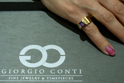14KT Yellow Gold 1.37CTW Emerald Cut Channel Set Natural Amethyst and Diamond Ring - Giorgio Conti Jewelers