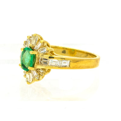 14KT Yellow Gold 1.46ctw Oval Cut Prong Set Emerald And Baguette Cut Diamond Halo Ring - Giorgio Conti Jewelers