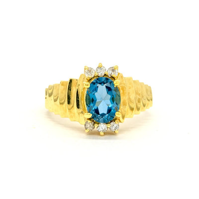 14KT Yellow Gold 1.96CTW Oval Cut Prong Set Blue Topaz and Diamond Ring - Giorgio Conti Jewelers