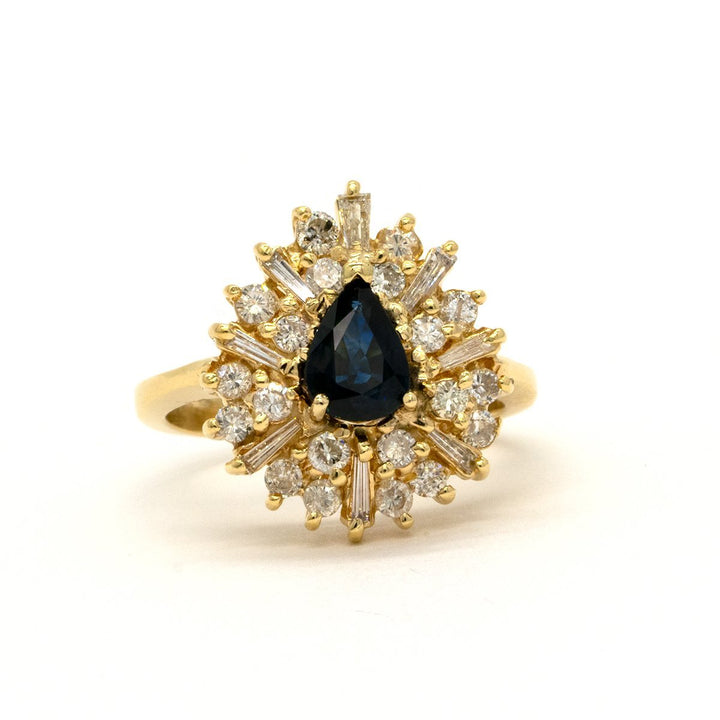 14KT Yellow Gold 1.96CTW Pear Shape Prong Set Natural Sapphire and Diamond Halo Ring - Giorgio Conti Jewelers
