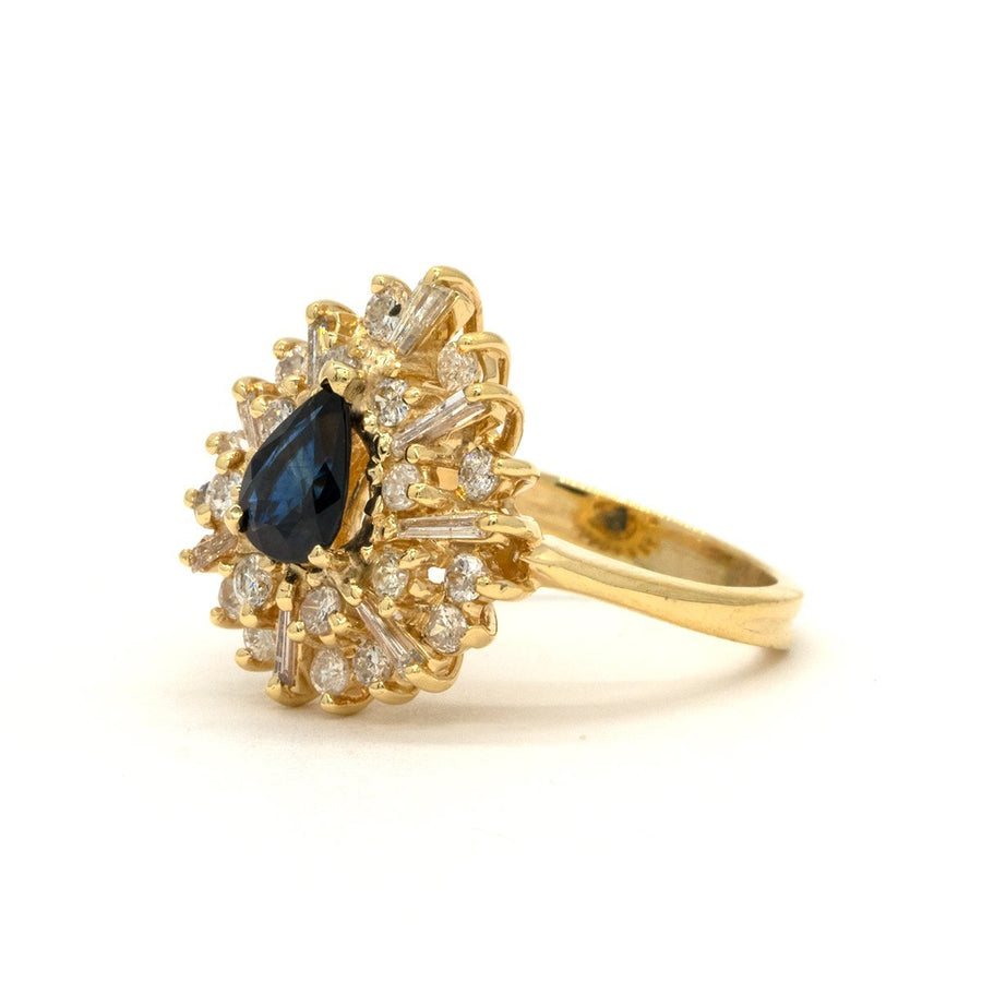 14KT Yellow Gold 1.96CTW Pear Shape Prong Set Natural Sapphire and Diamond Halo Ring - Giorgio Conti Jewelers