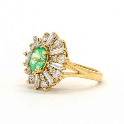 14KT Yellow Gold 2.41CTW Oval Cut Prong Set Natural Emerald and Diamond Halo Ring - Giorgio Conti Jewelers