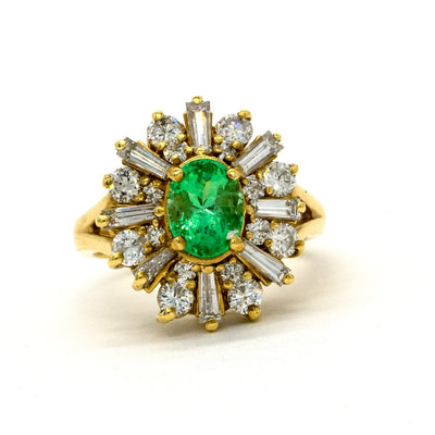 14KT Yellow Gold 2.41CTW Oval Cut Prong Set Natural Emerald and Diamond Halo Ring - Giorgio Conti Jewelers