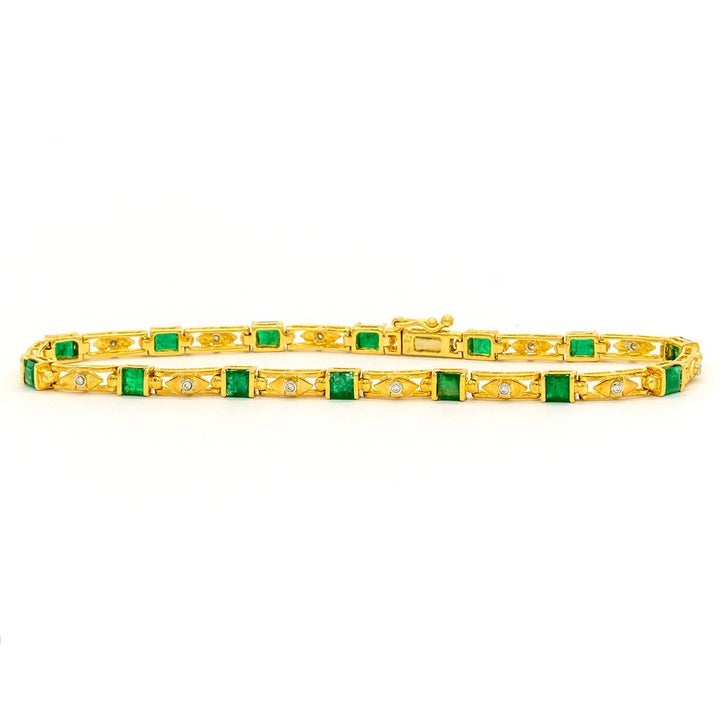 14KT Yellow Gold 2.63CTW Princess Cut Channel Set Natural Emerald and Diamond Tennis Bracelet - Giorgio Conti Jewelers