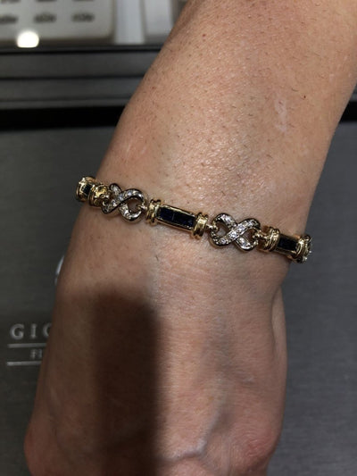 14KT Yellow Gold 3.00CTW Princess Cut Channel Set Sapphire and Diamond Infinity Bracelet - Giorgio Conti Jewelers