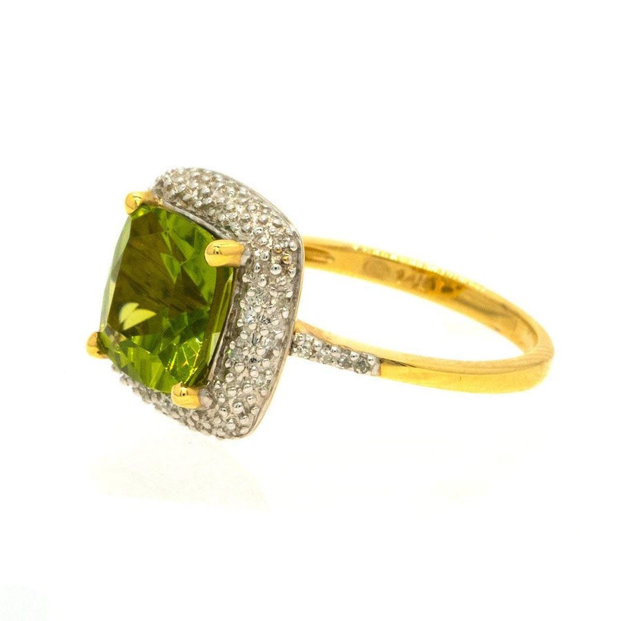 14KT Yellow Gold 3.53ctw Cushion Cut Prong Set Peridot and Diamond Halo Ring - Giorgio Conti Jewelers