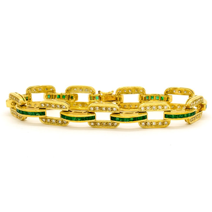 14KT Yellow Gold 3.98CTW Princess Cut Natural Emerald and Diamond Bracelet - Giorgio Conti Jewelers