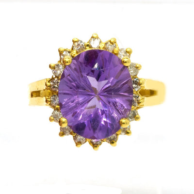 14KT Yellow Gold 4.39ctw Oval Cut Prong Set Amethyst And Round Cut Diamond Ring - Giorgio Conti Jewelers