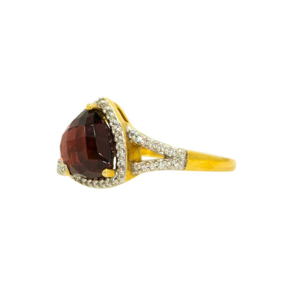 14KT Yellow Gold 4.49ctw Round Cut Diamond and Trillion Cut Red Garnet Halo Gemstone Ring - Giorgio Conti Jewelers