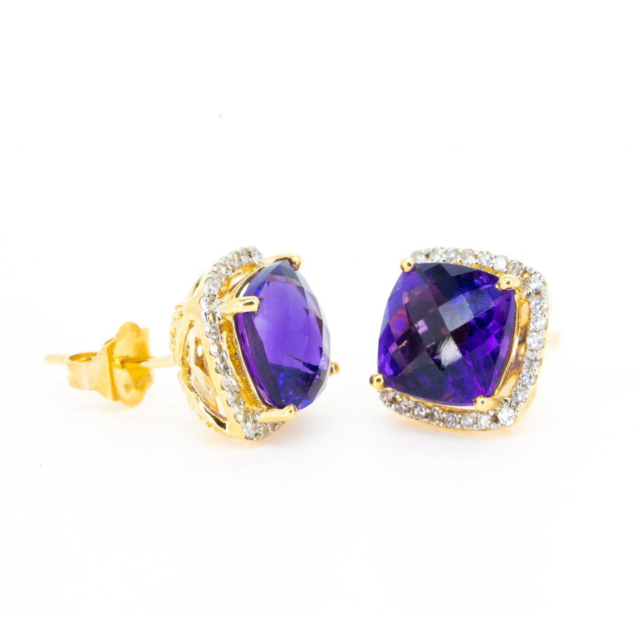 14kt Yellow Gold Fine Natural 4.94ctw Amethyst and Diamond Cushion Shape Stud Earrings - Giorgio Conti Jewelers