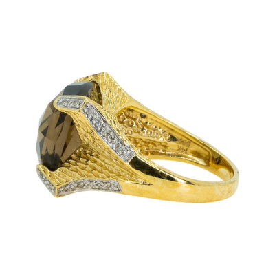14kt Yellow Gold Modern Textured Designer Large 9.40ctw Smoky Topaz Statement Ring With Diamonds - Giorgio Conti Jewelers