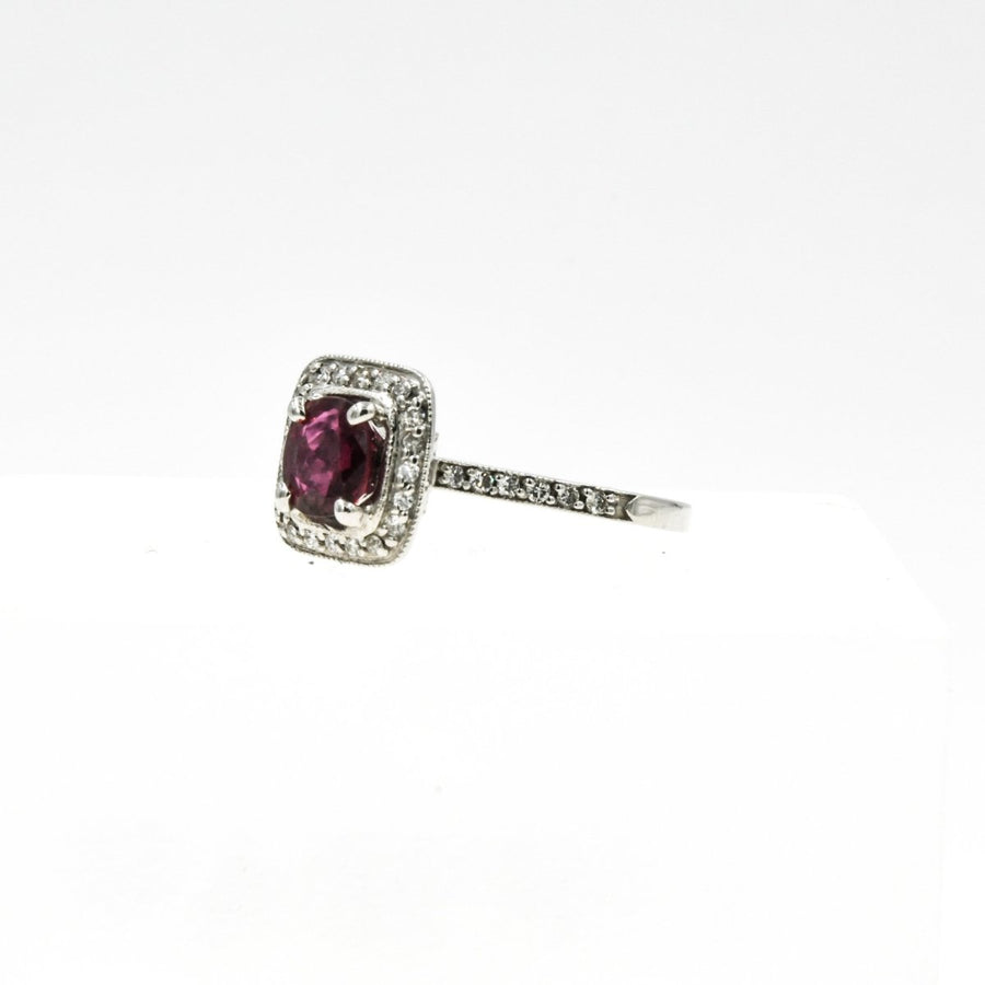 18K White Gold Ruby And Diamond Halo Ring - Giorgio Conti Jewelers