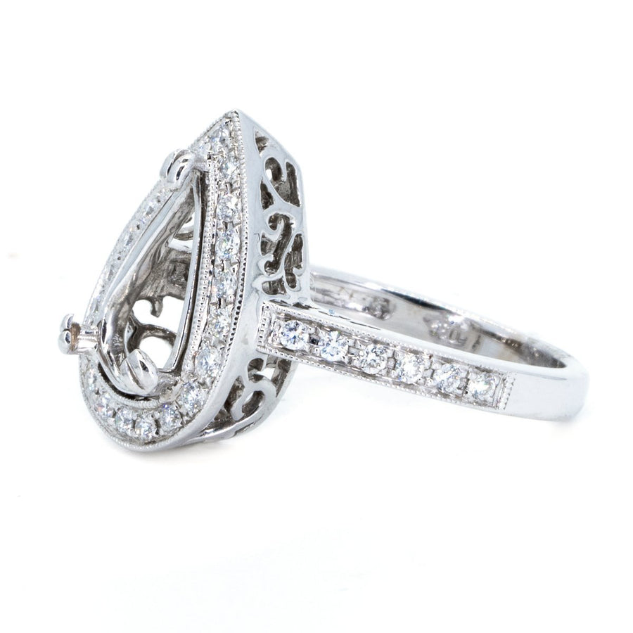 18KT White Gold 0.50ctw Pear Cut Pave Miligrain Set Diamond Engagement Ring - Giorgio Conti Jewelers